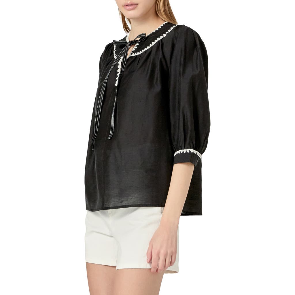 English Factory Embroidered Tie Neck Top In Black/white