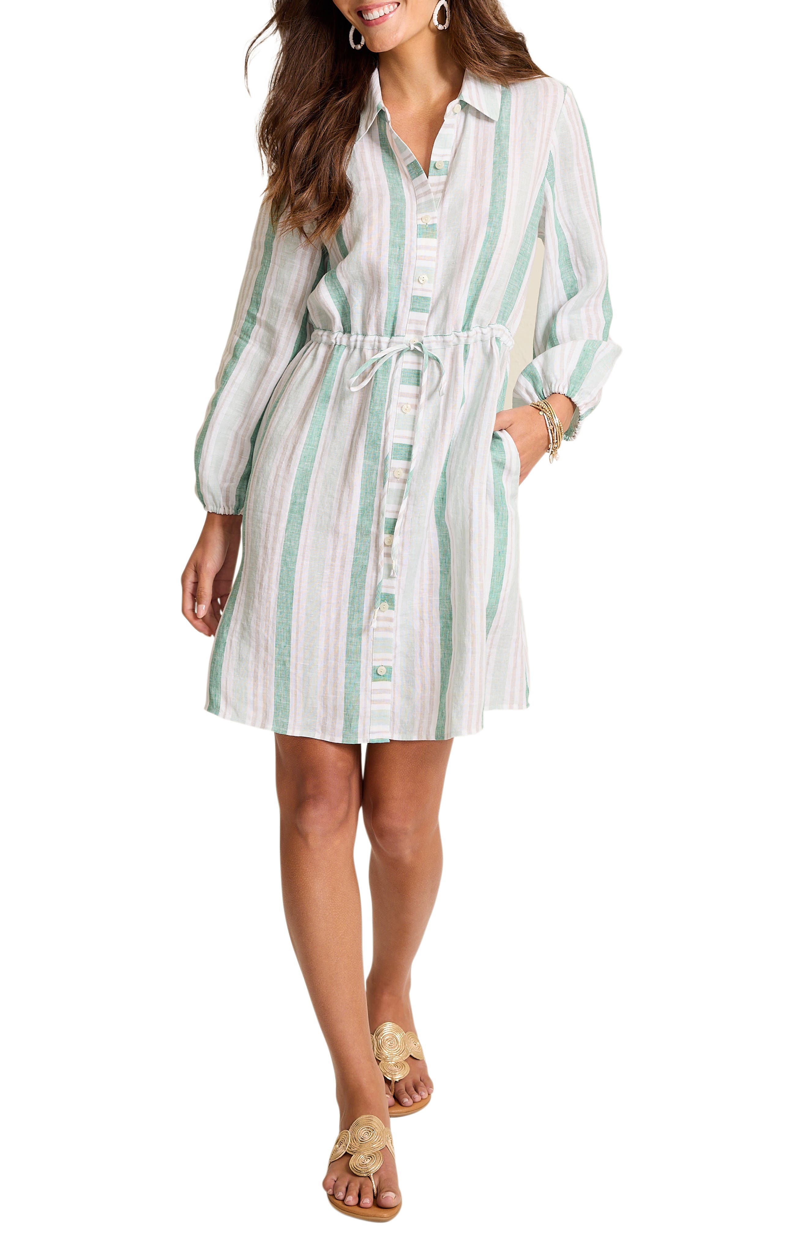 Tommy Bahama Seaside Cove Stripe Long Sleeve Linen Shirtdress