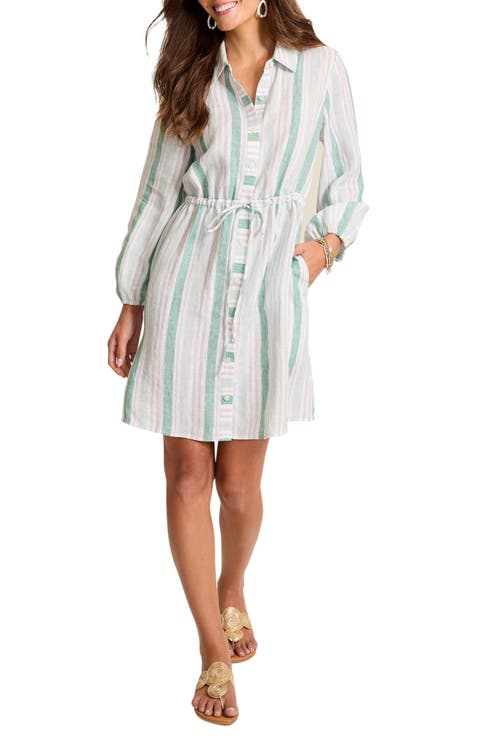 Seaside Cove Stripe Long Sleeve Linen Shirtdress