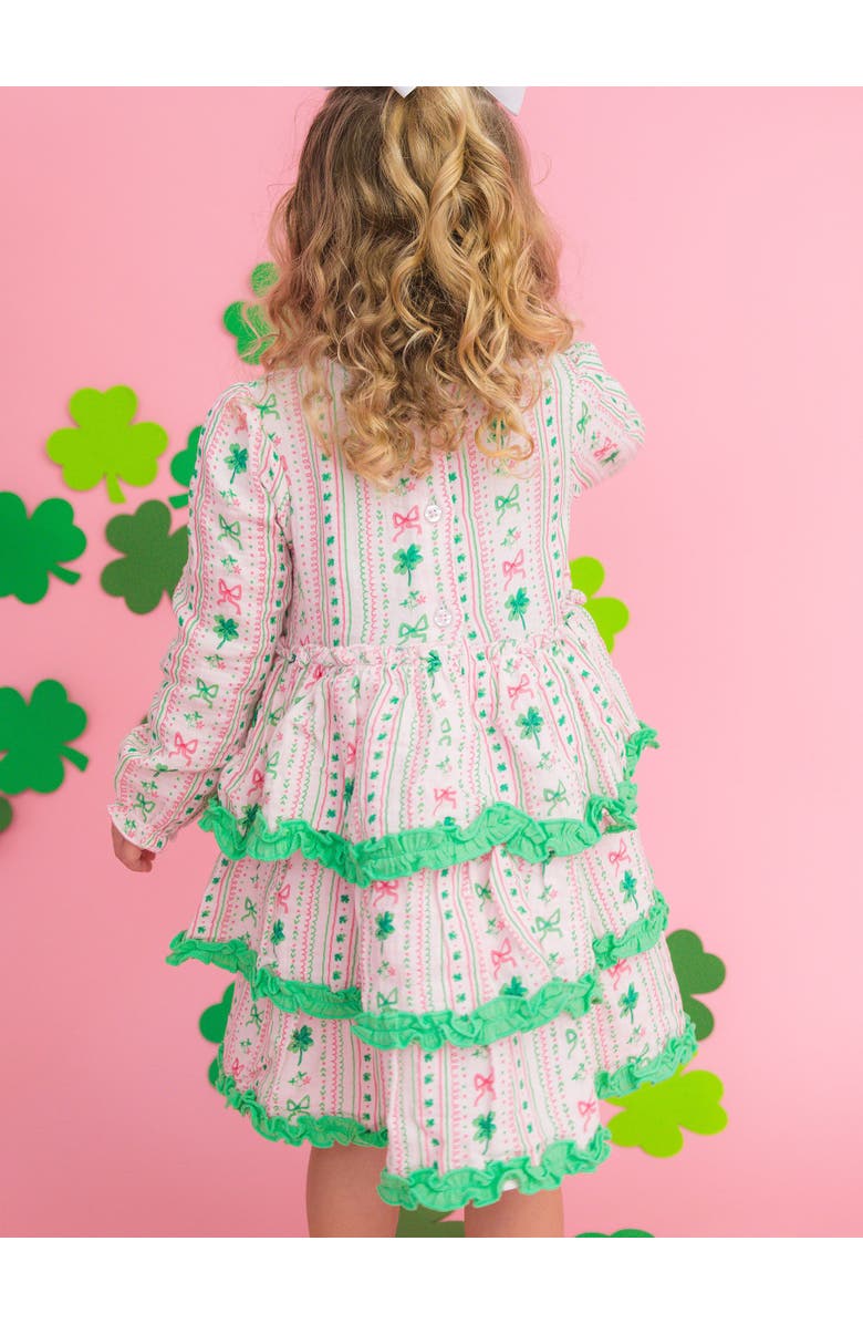 RuffleButts Cotton Gauze Tiered Ruffle Dress, Alternate, color, Clover Bows & Wishes