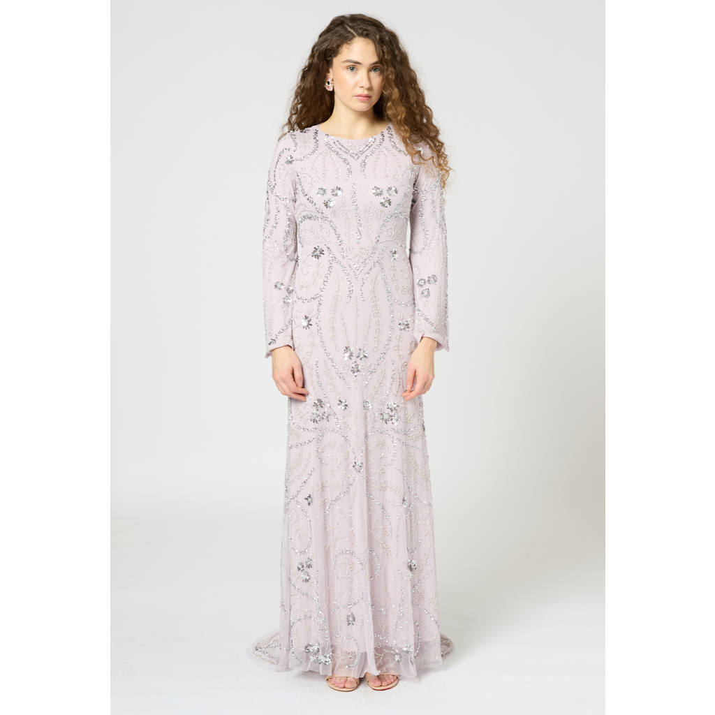 Shop Maryisa Occasion Modest Embellished Sequin Beaded Floral Evening Dress In Lilac
