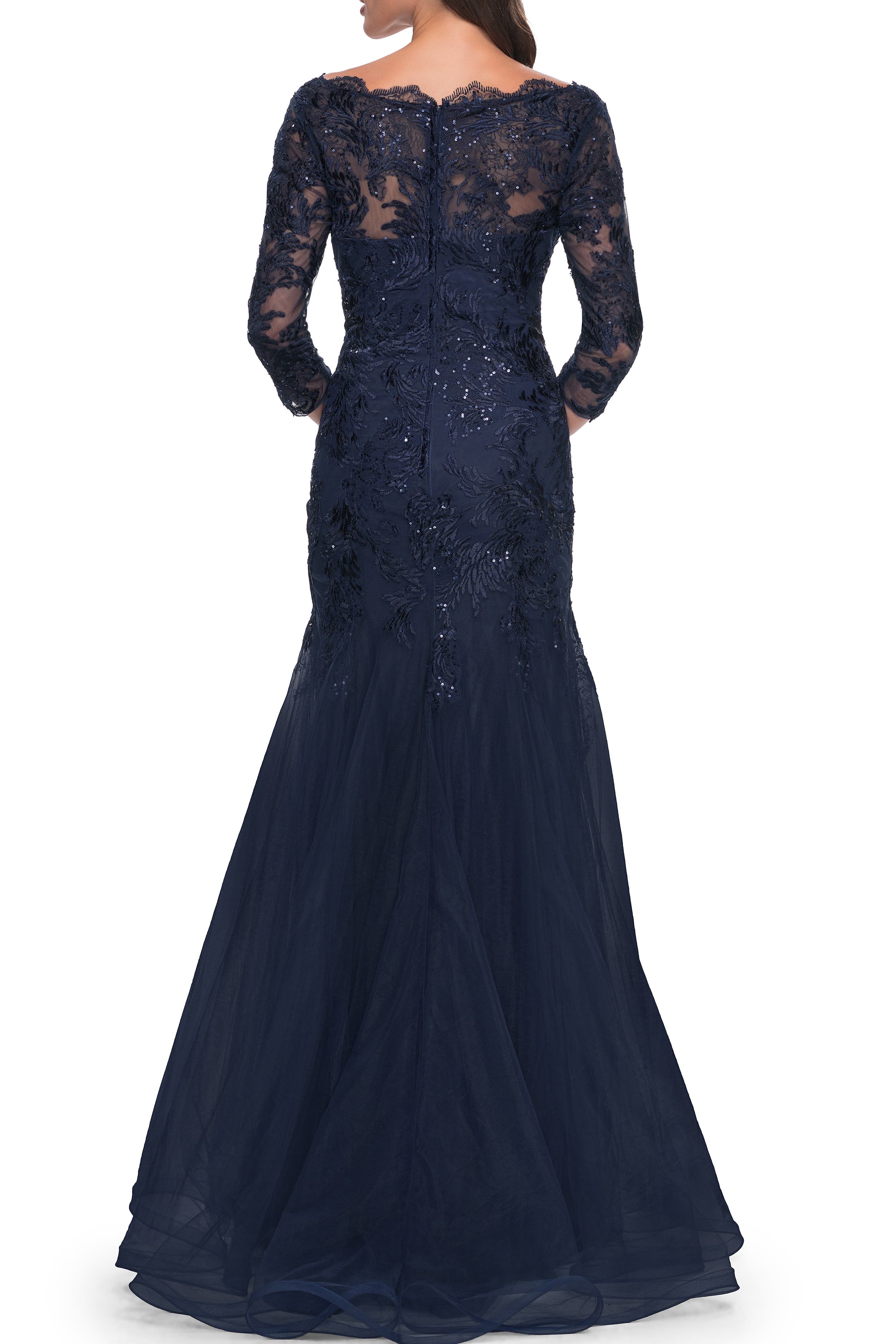 La Femme Mermaid Tulle and Lace Dress with Scallop Detailed Neckline ...