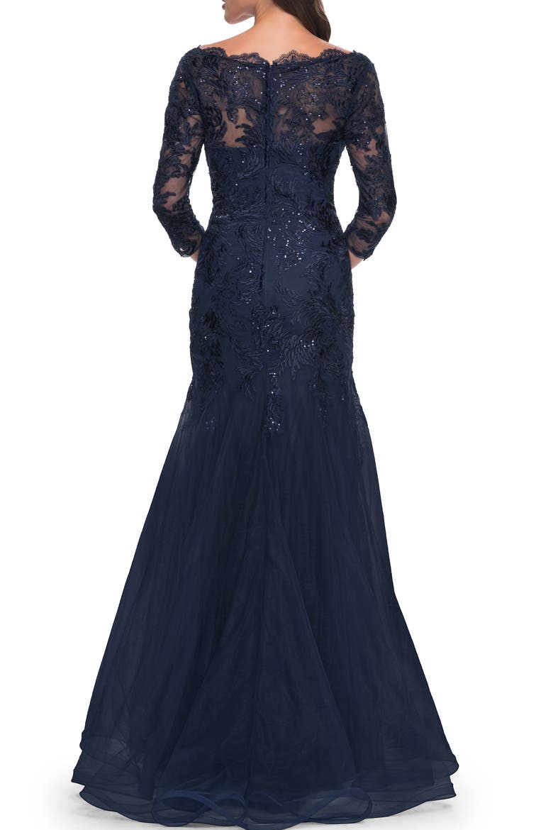 Mermaid Tulle and Lace Dress with Scallop Detailed Neckline, Alternate, color, Navy