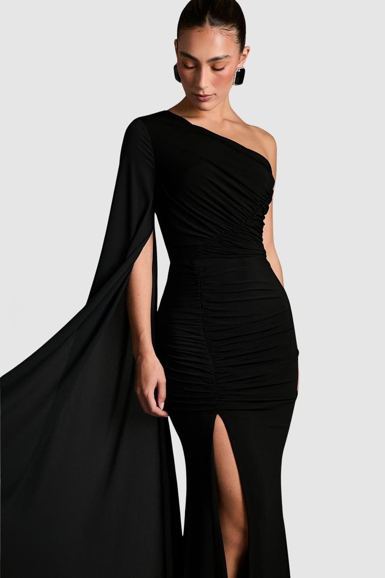 One Shoulder Ruched Maxi Dress, Alternate, color, Black