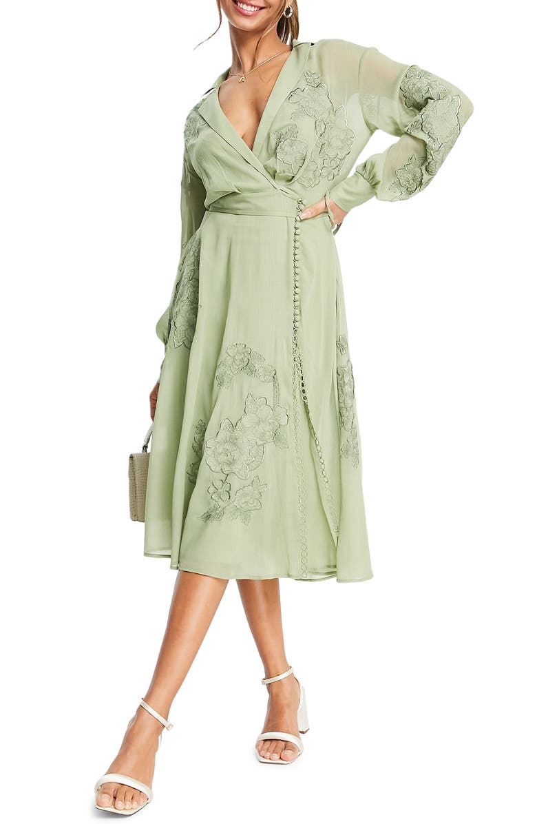 ASOS DESIGN Floral Embroidered Long Sleeve Faux Wrap Midi Dress, Main, color, 