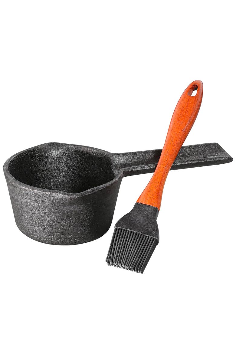 Cast Iron Basting Set W/ Saucepan & Brush, 0.4qt, Main, color, Black
