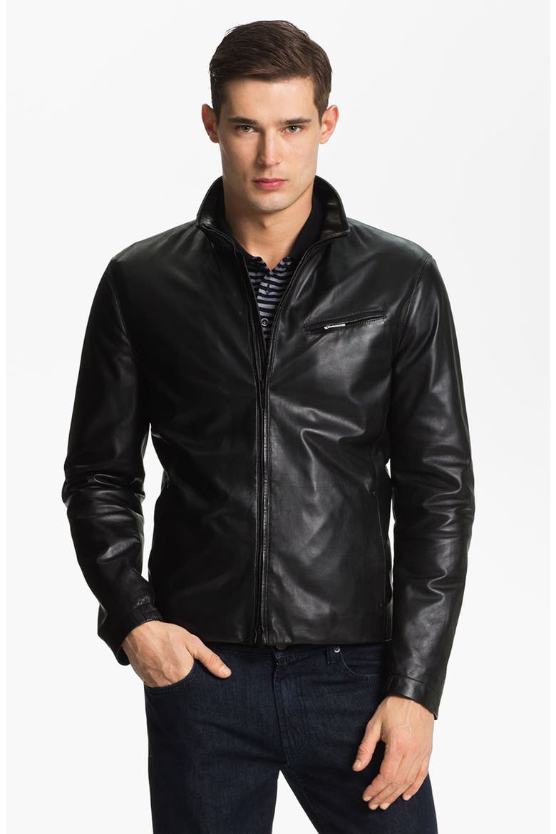 Armani Collezioni Blouson Leather Jacket, Main, color, SOLID BLACK