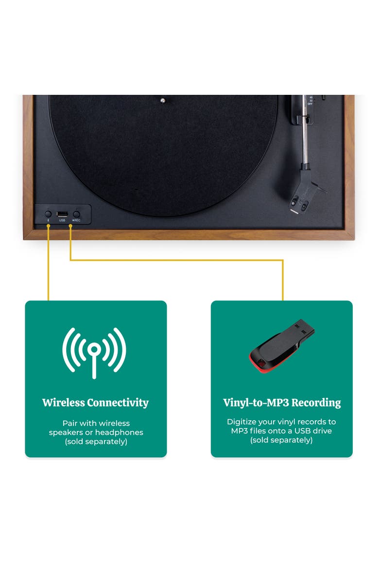 Vinyl Record Player, Belt-Drive Turntable, Bluetooth, Vinyl-to-MP3, Alternate, color, Teak