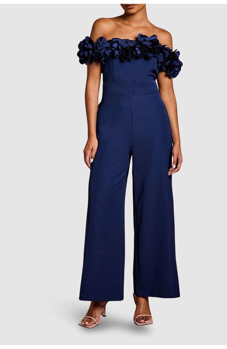 Coast Petite 3D Flower Bardot Jumpsuit, Alternate, color, Navy
