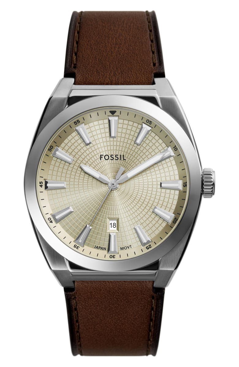 Fossil Everett Leather Strap Watch, 42mm, Main, color, Brown