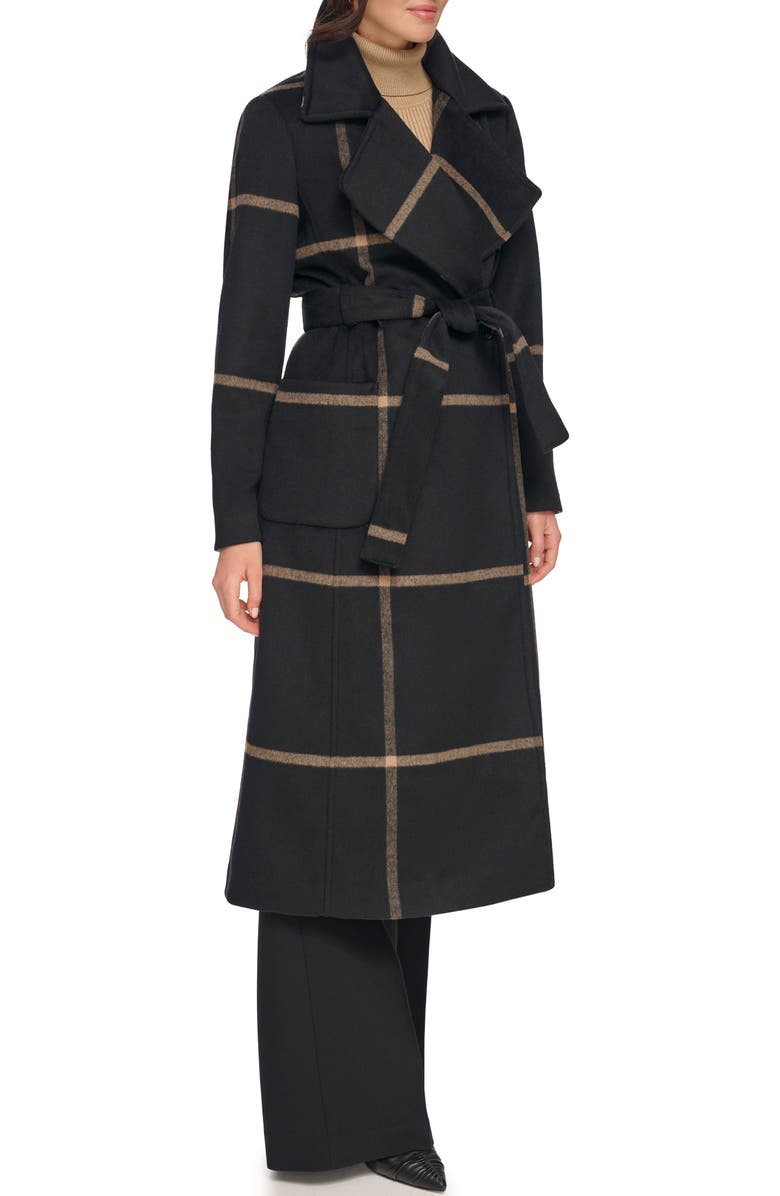 DKNY Windowpane Plaid Tie Waist Wool Blend Coat, Alternate, color, 