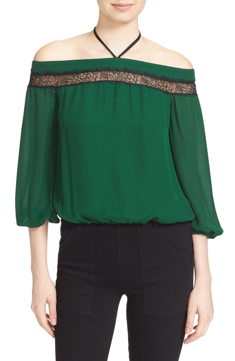 Alice + Olivia 'Esmeralda' Off the Shoulder Tie Neck Top, Main, color, 