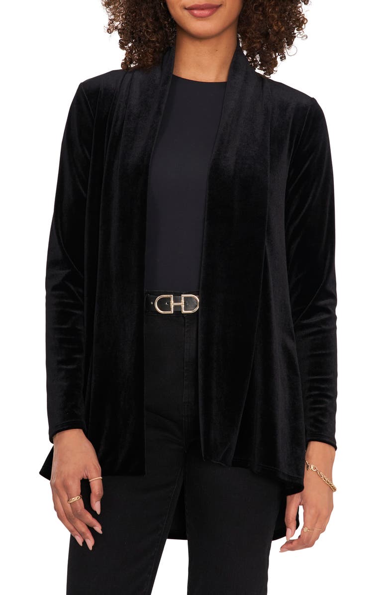 Vince Camuto Shawl Collar Stretch Velvet Cardigan, Main, color, Rich Black