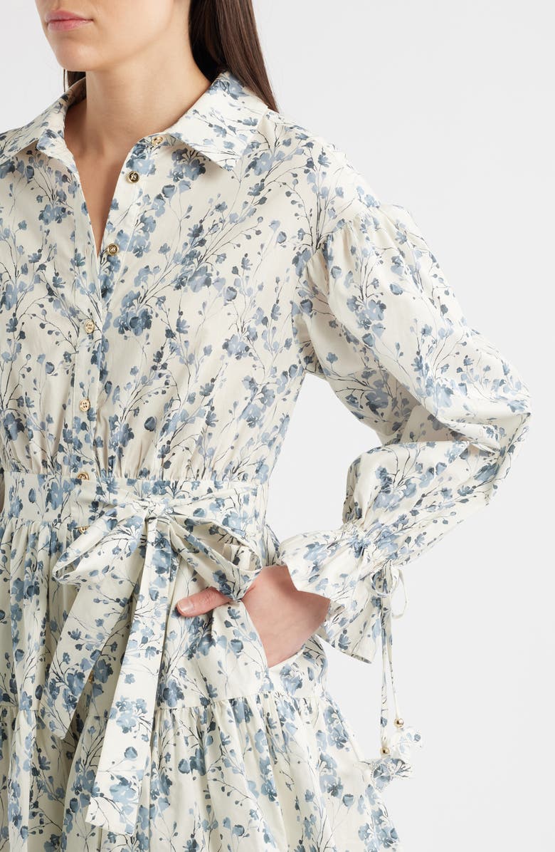 En Saison Bow Long Sleeve Tie Waist Cotton Shirtdress, Alternate, color, Ivory Blue Splatter Floral