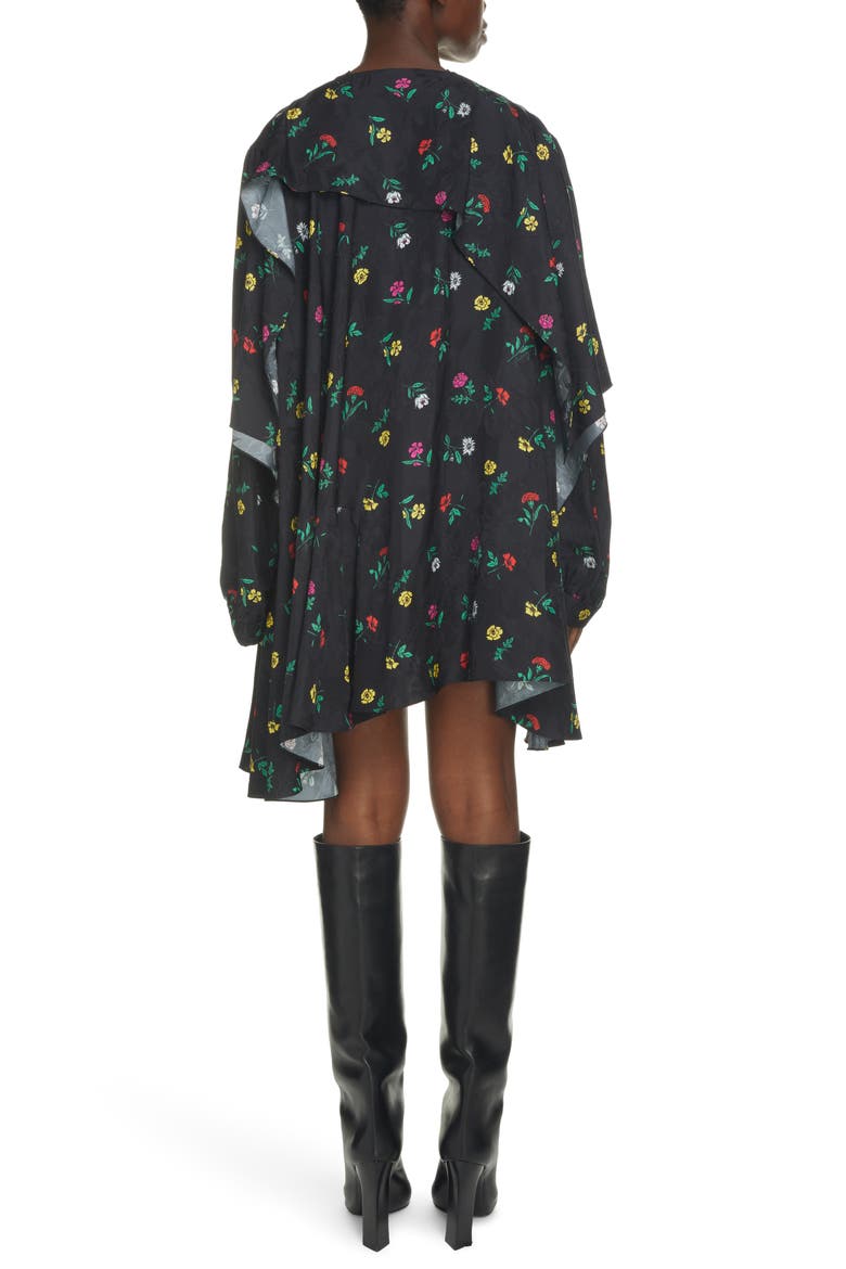 Jacquard Floral Print Long Sleeve Wrap Babydoll Dress, Alternate, color, BLACK