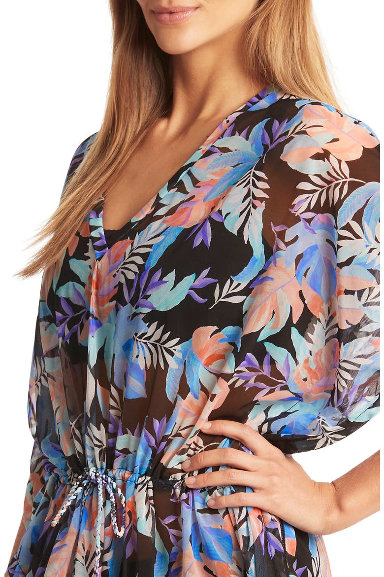 Frond Print Caftan Cover-Up Dress, Alternate, color, BLACK