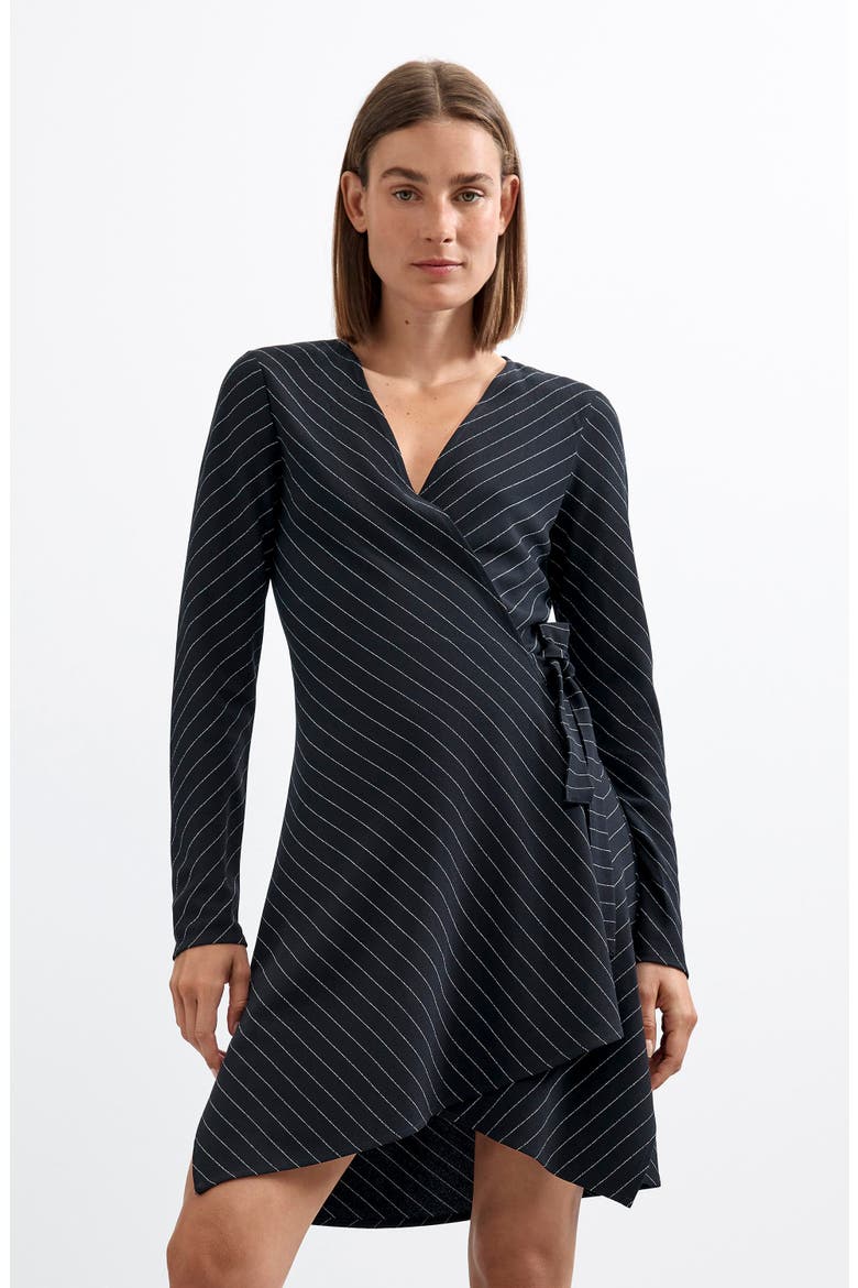 Pinstripe Long Sleeve Faux Wrap Dress, Alternate, color, BLACK