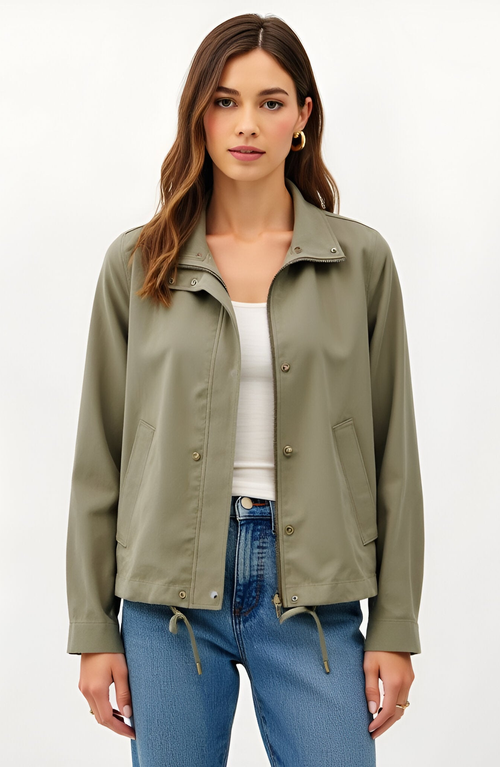 Modenaire Cropped Utility Jacket With Snap Buttons And Adjustable Drawstring Hem In Green