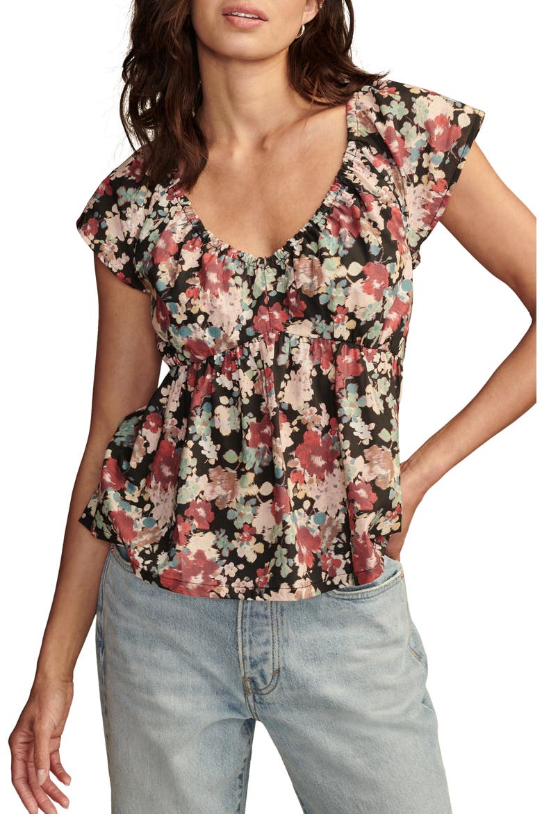 Puff Sleeve Cutout Babydoll Top, Main, color, BLACK MULTI
