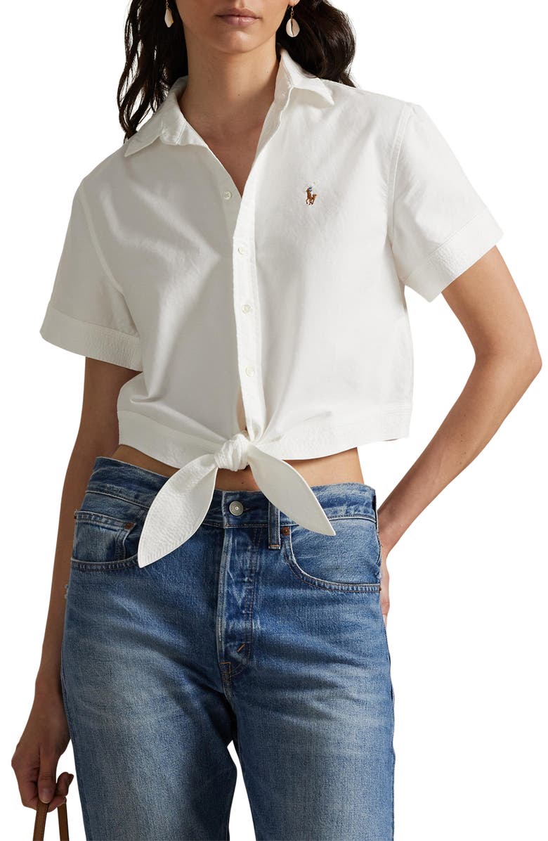 Polo Ralph Lauren Tie Front Oxford Short Sleeve Button-Up Shirt, Main, color, 