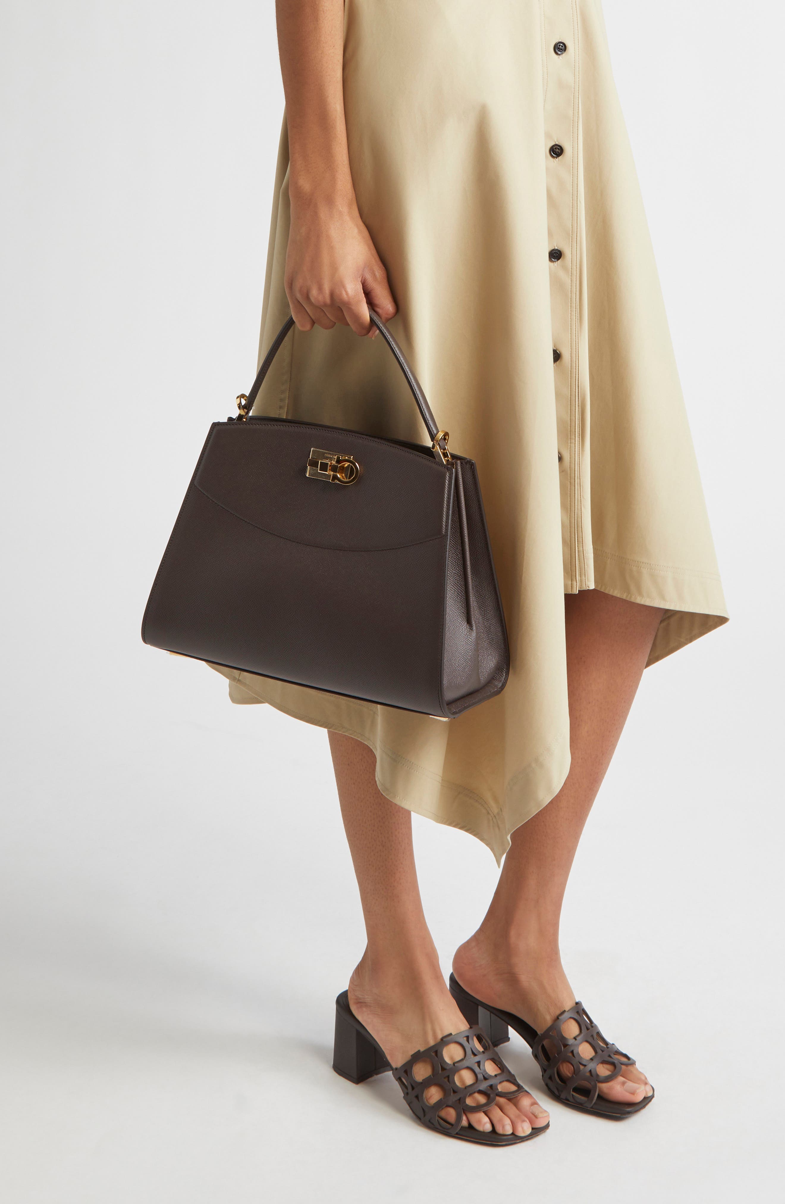 FERRAGAMO Small Studio Box Leather Top Handle Bag, Alternate, color, Testa Di Moro