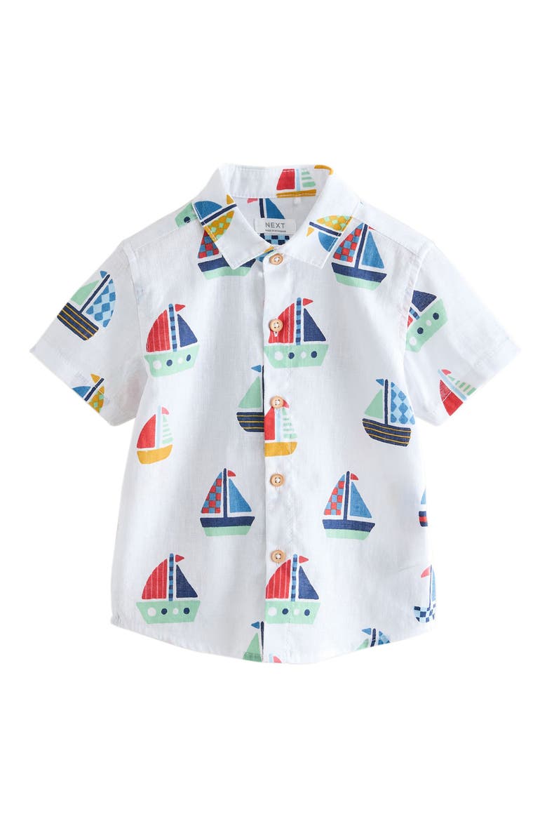 Kids' Sailboat Print Short Sleeve Button-Up Shirt, Main, color, WHITE