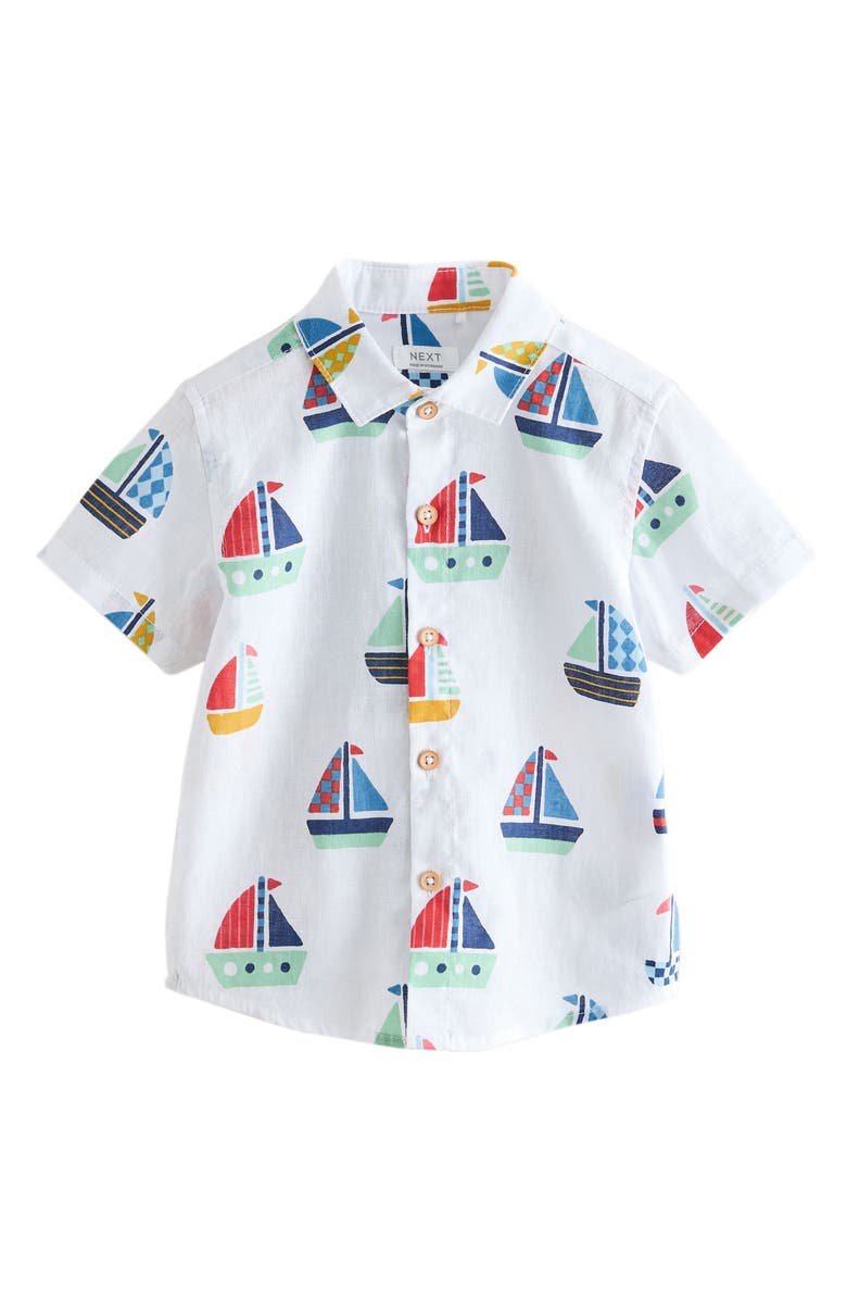 NEXT Kids' Sailboat Print Short Sleeve Button-Up Shirt, Main, color, White