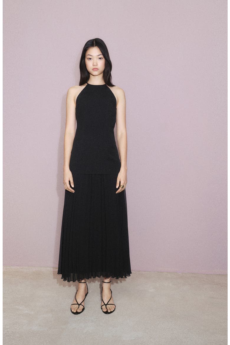 Mixed Media A-Line Maxi Dress, Alternate, color, BLACK