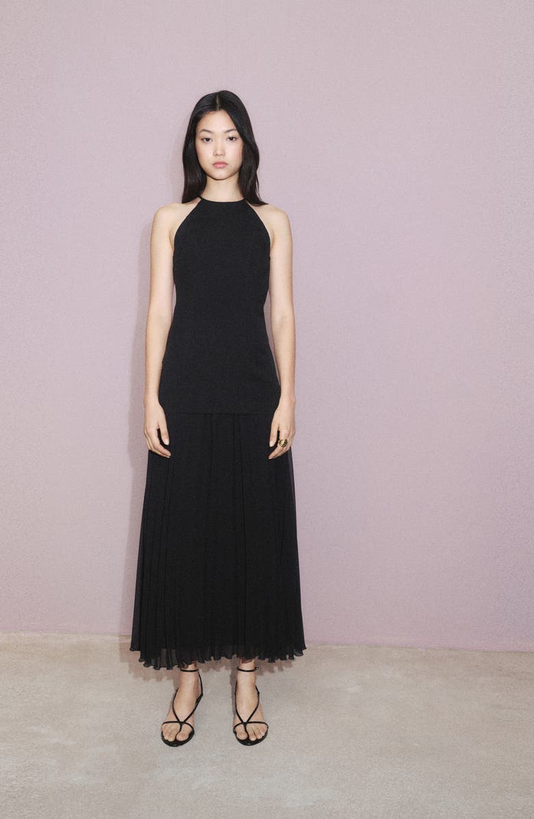 MANGO Mixed Media A-Line Maxi Dress, Alternate, color, Black