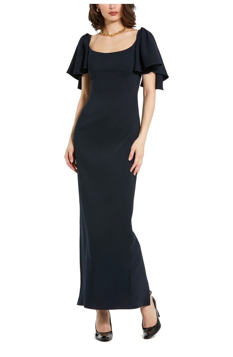 Mac Duggal Crepe Fitted Gown With Short Ruffle Sleeves, Main, color, Navy