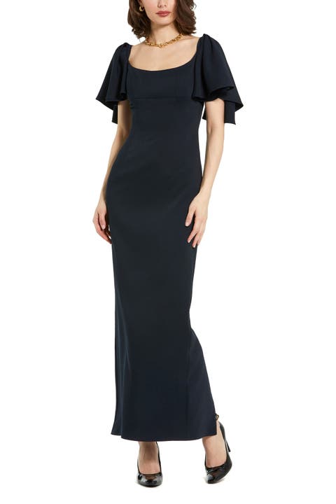Crepe Fitted Gown With Short Ruffle Sleeves