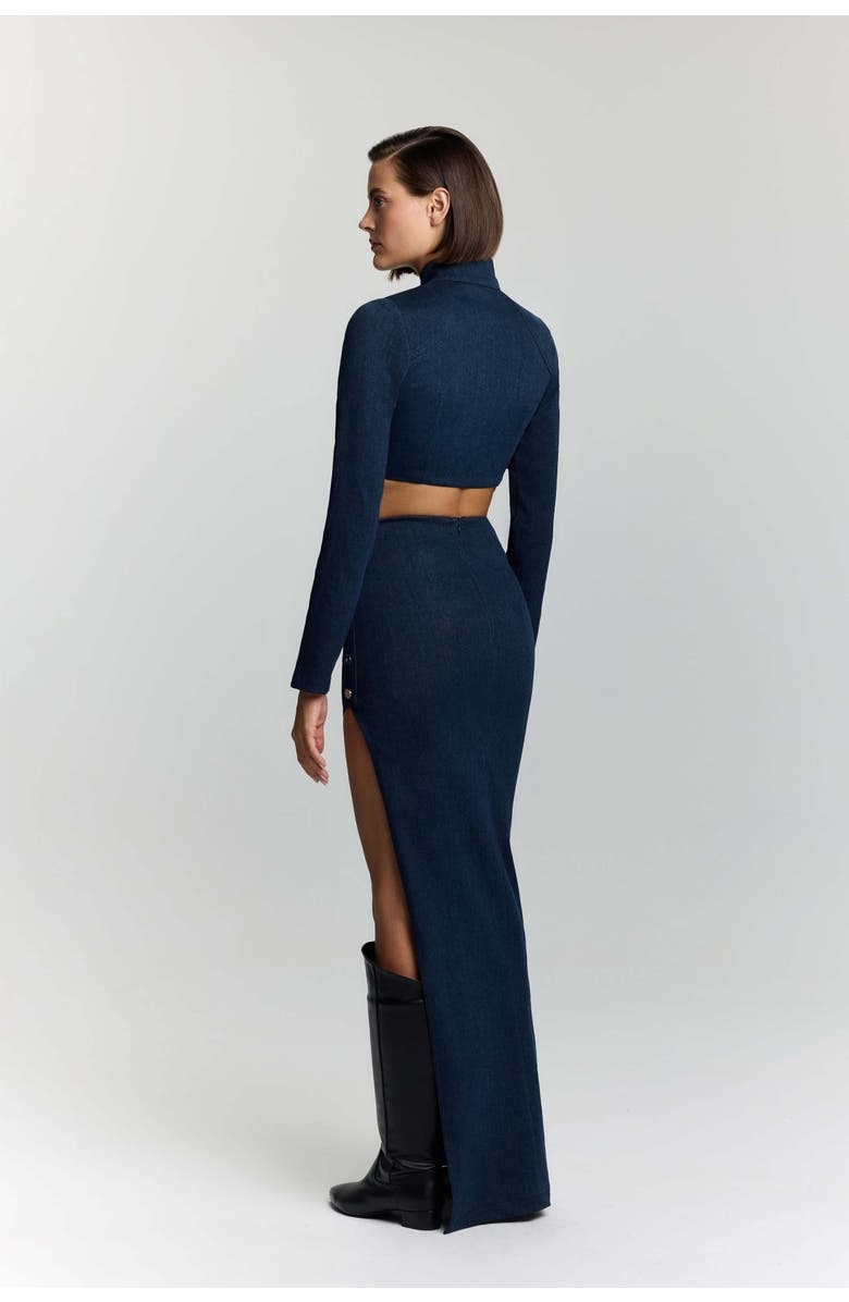 Jendue US Whispers Denim Skirt - High-Waisted Maxi with Slit, Alternate, color, Deep Blue