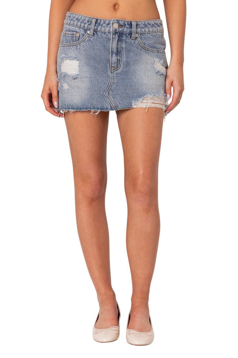 Ginnie Low Rise Distressed Denim Miniskirt, Main, color, LIGHT-BLUE