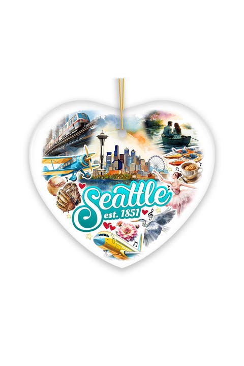 Seattle 1851 Watercolor Skyline Heart Ceramic Ornament