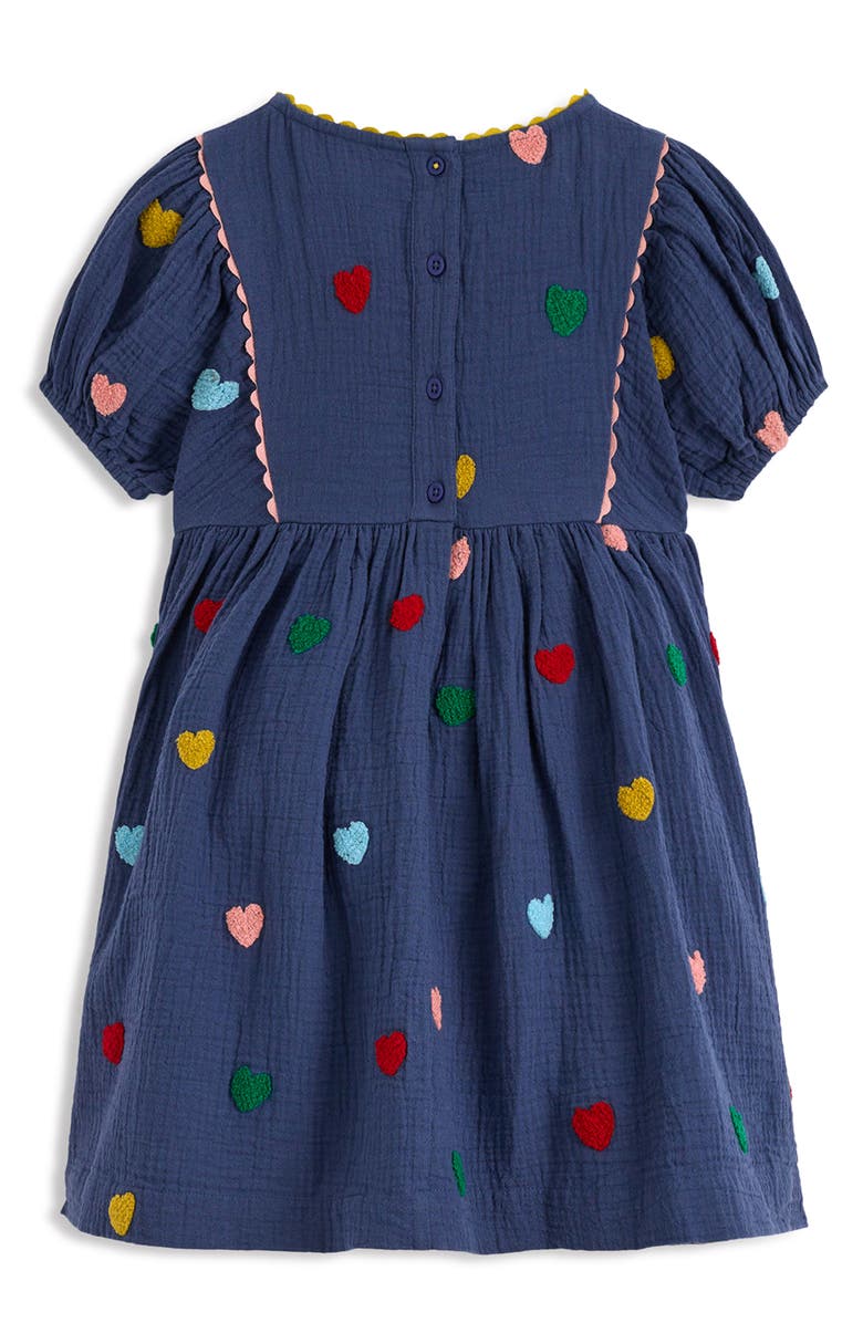 Mini Boden Kids' Puff Sleeve Double Cloth Dress, Alternate, color, Starboard Blue Hearts