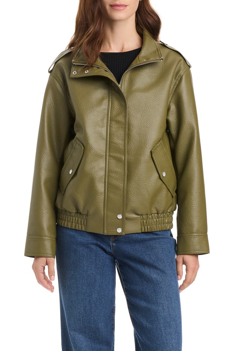 Faux Leather Bomber Jacket, Alternate, color, OLIVE