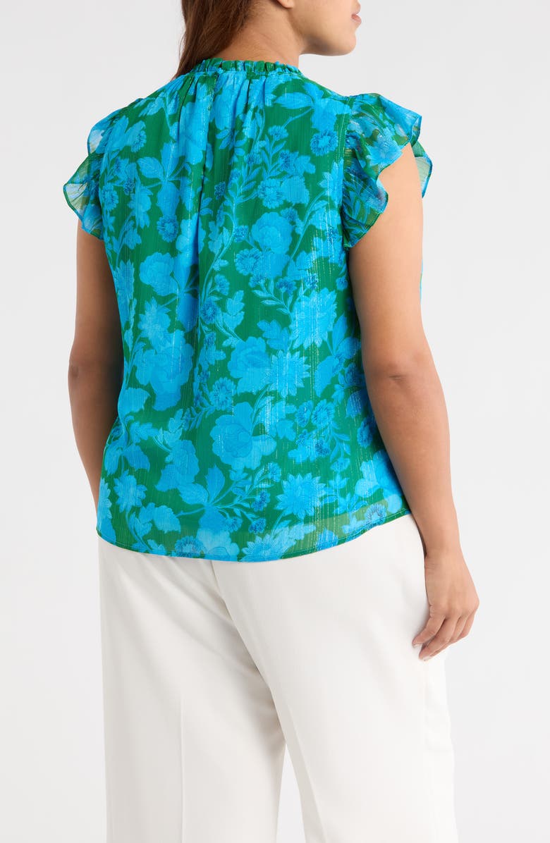 SUGARLIPS Amren Metallic Floral Print Ruffle Top, Alternate, color, Green/ Cerulean Blue