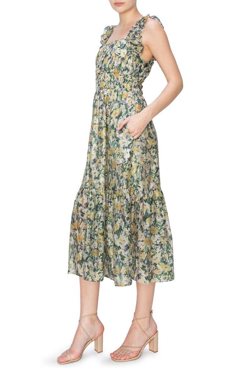 Floral Ruffle Shirred Midi Sundress, Alternate, color, GREEN/ YELLOW