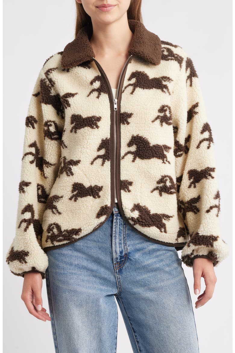The Pasture Horse Print Fleece Jacket, Alternate, color, CREAM W/ HICKORY