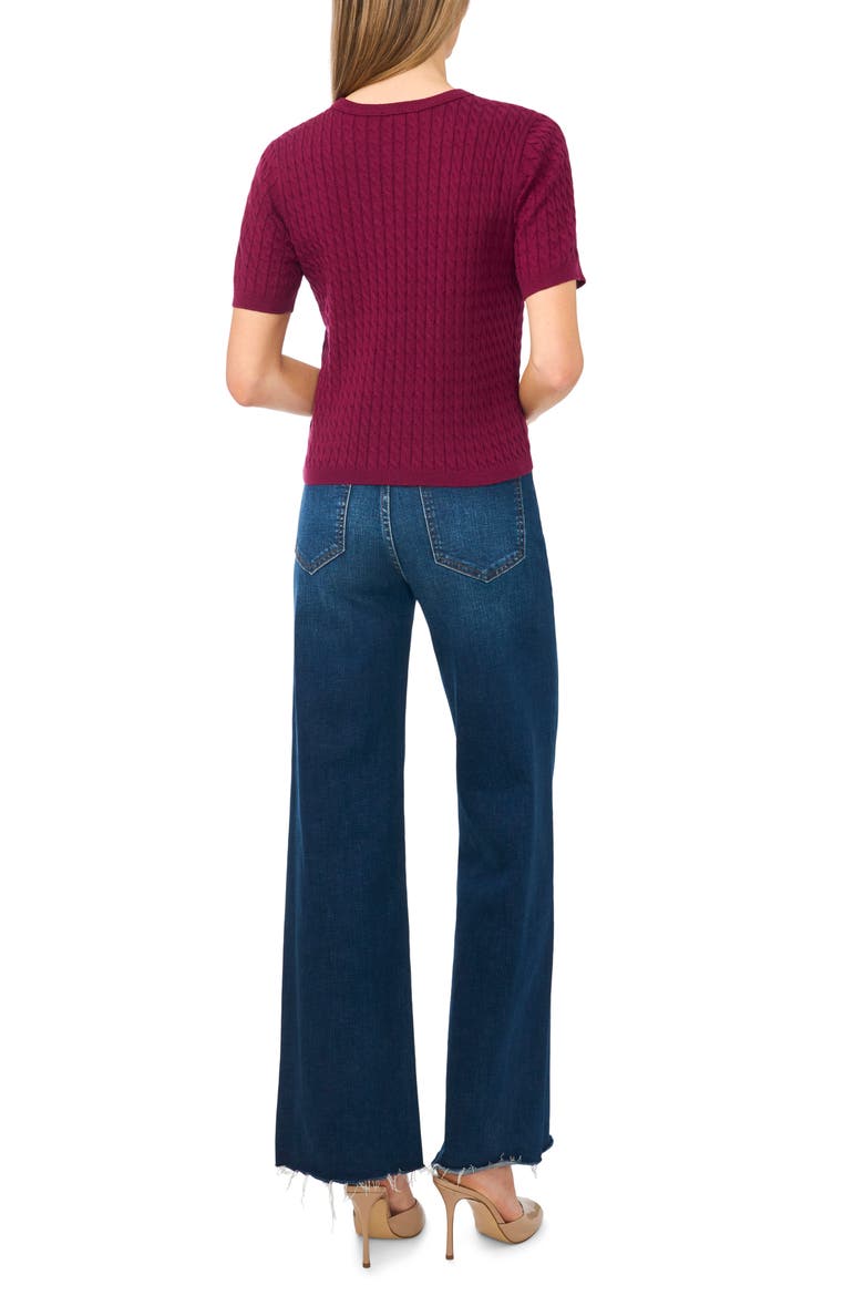 Cable Stitch Short Sleeve Crewneck Sweater, Alternate, color, PURE PLUM