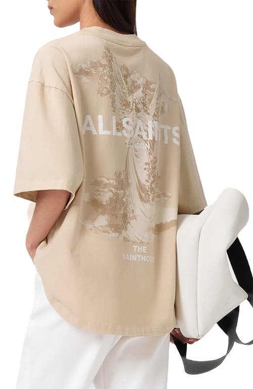 Allsaints Womens Sandy White Guardian Graphic-print Relaxed-fit Organic-cotton T-shirt In Brown