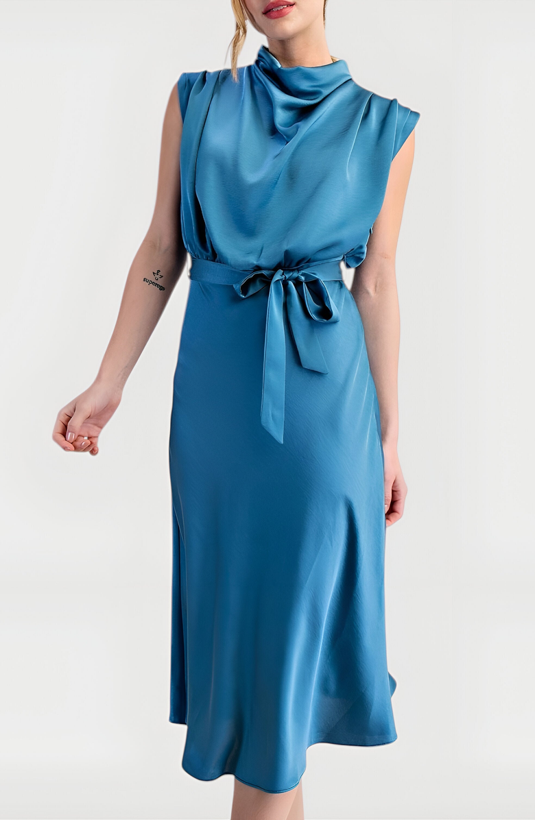 Modenaire Sleeveless Satin Midi Dress with Cowl Neck and Waist Tie Detail, Alternate, color,