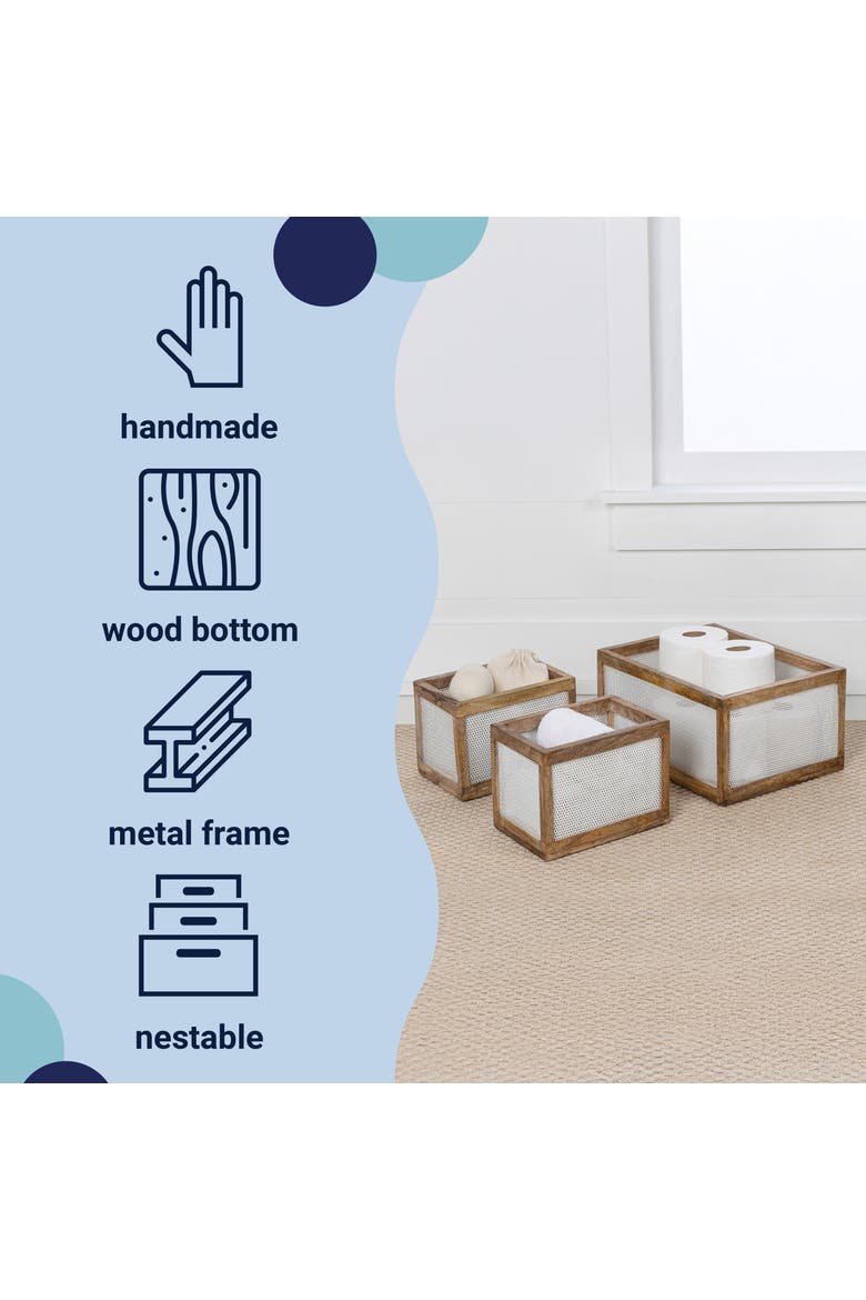 Fallon Modern Minimalist Handmade Wooden Metal Nesting Storage Baskets, Alternate, color, White/Natural