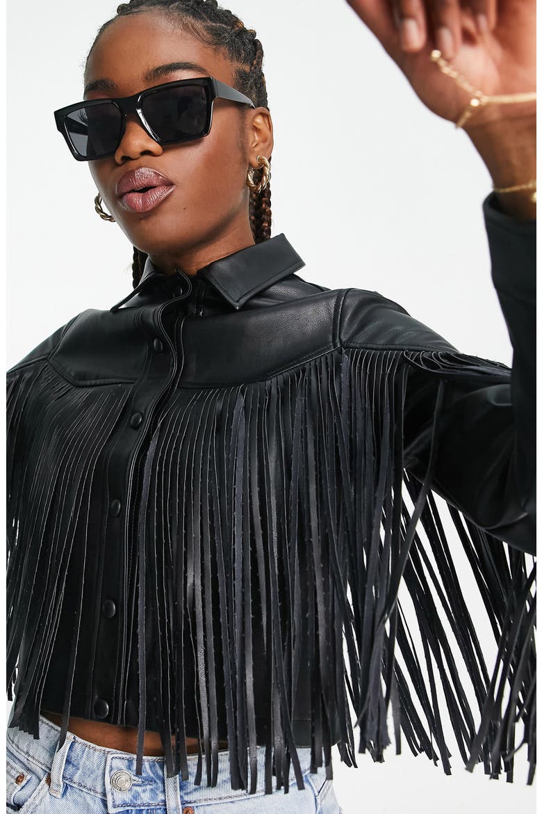 Fringe Crop Faux Leather Jacket, Alternate, color, BLACK