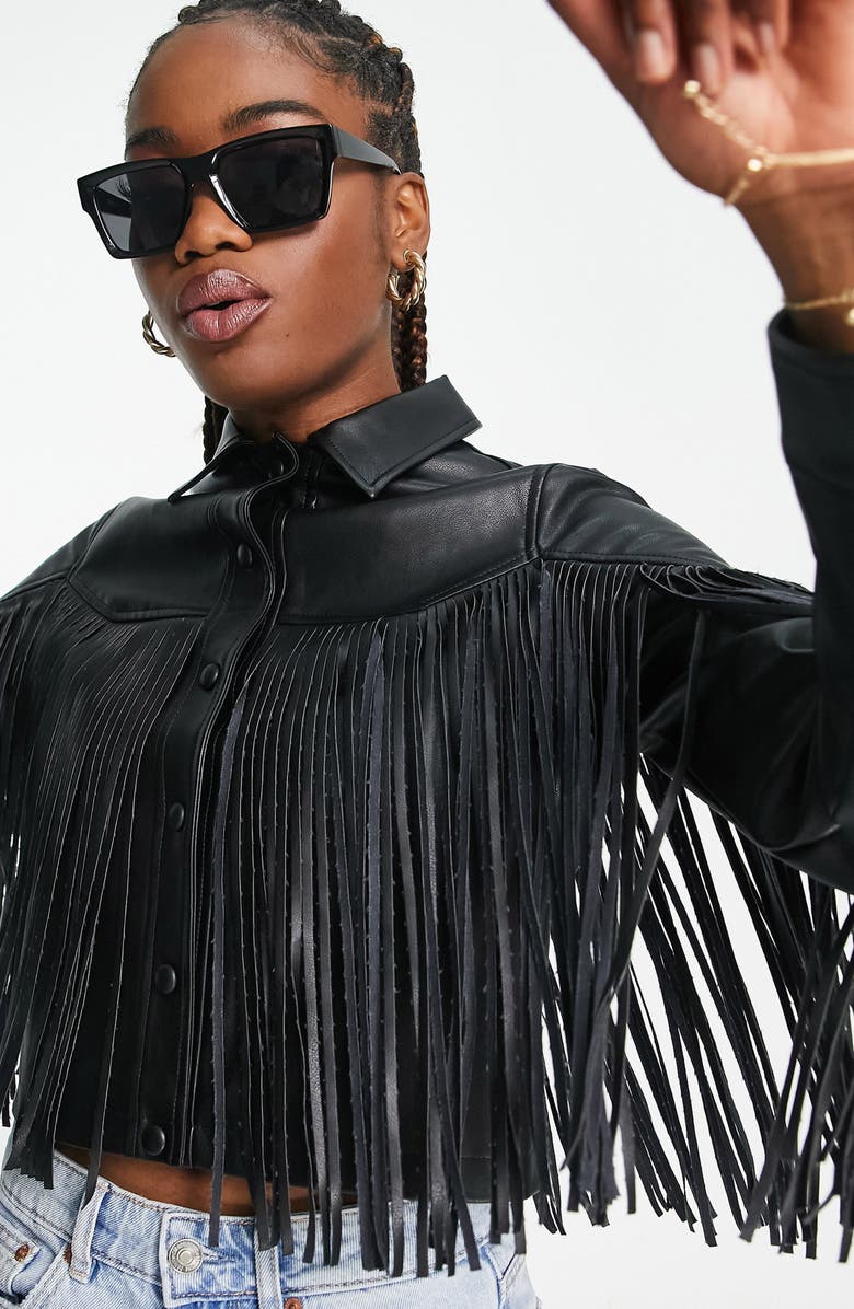 Miss Selfridge Fringe Crop Faux Leather Jacket, Alternate, color, 