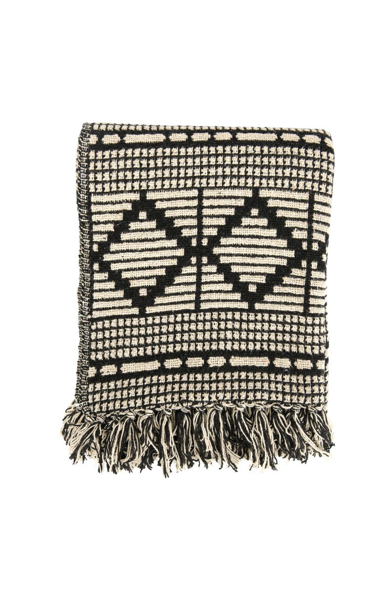Storied Home Soft Reclaimed Cotton Blend Throw with Diamond Pattern and Fringe, Black and Beige, Main, color, Black