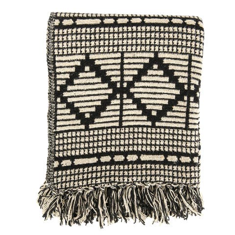 Soft Reclaimed Cotton Blend Throw with Diamond Pattern and Fringe, Black and Beige