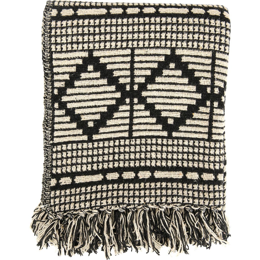 Storied Home Soft Reclaimed Cotton Blend Throw With Diamond Pattern And Fringe, Black And Beige
