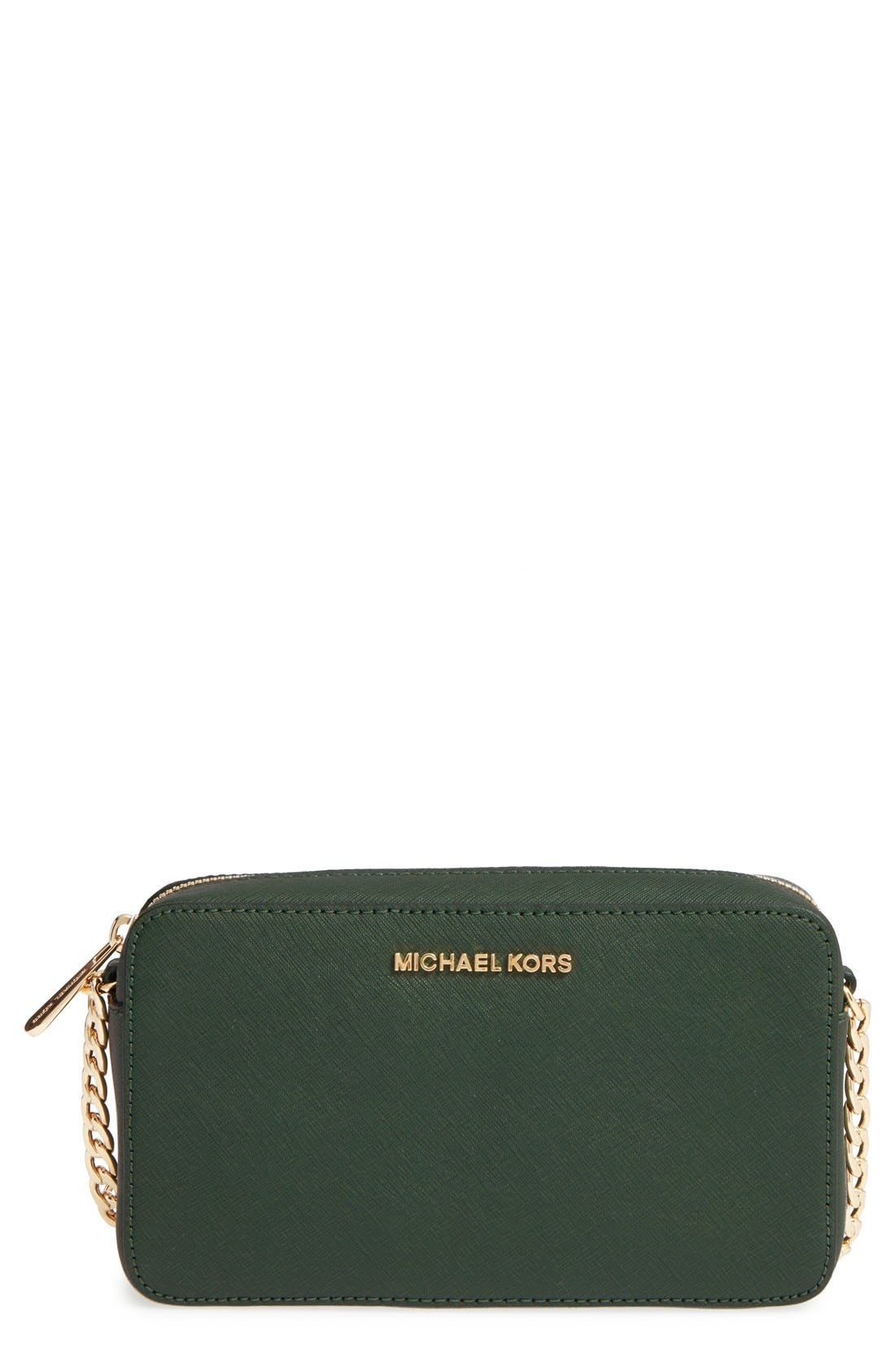 'Medium Jet Set' Saffiano Leather Crossbody Bag, Main, color, MOSS/ GOLD