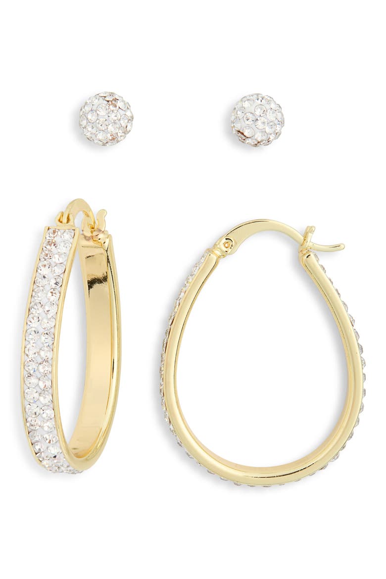 Set of 2 Cubic Zirconia Ball & Hoop Earrings, Alternate, color, CLEAR- GOLD